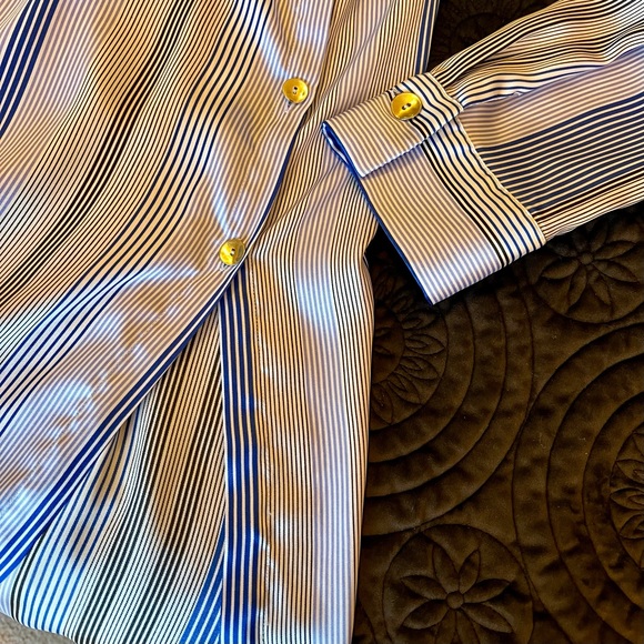 Zara Blue Stripe Satin Effect Midi Shirt Dress w Button Side Slits - Picture 8 of 13